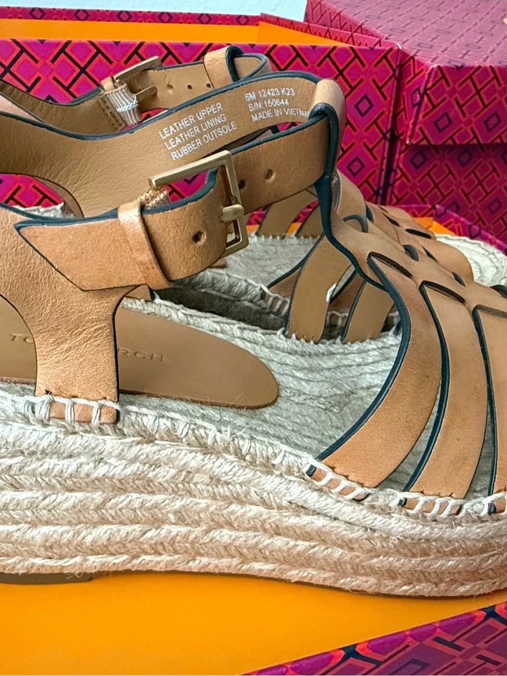 Tory Burch Cognac Leather Espadrille Sandals